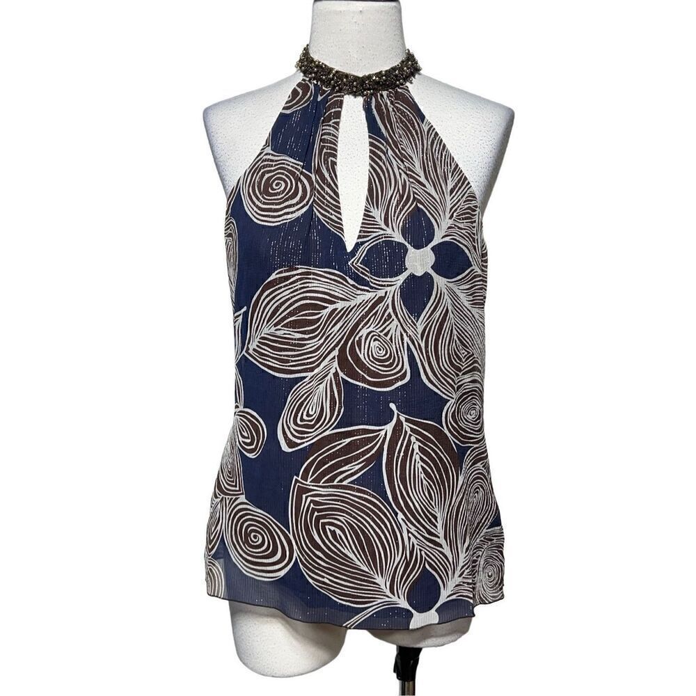 Trina Turk Size 6 Sleeveless Silk Embellished Party Top Metallic Print
